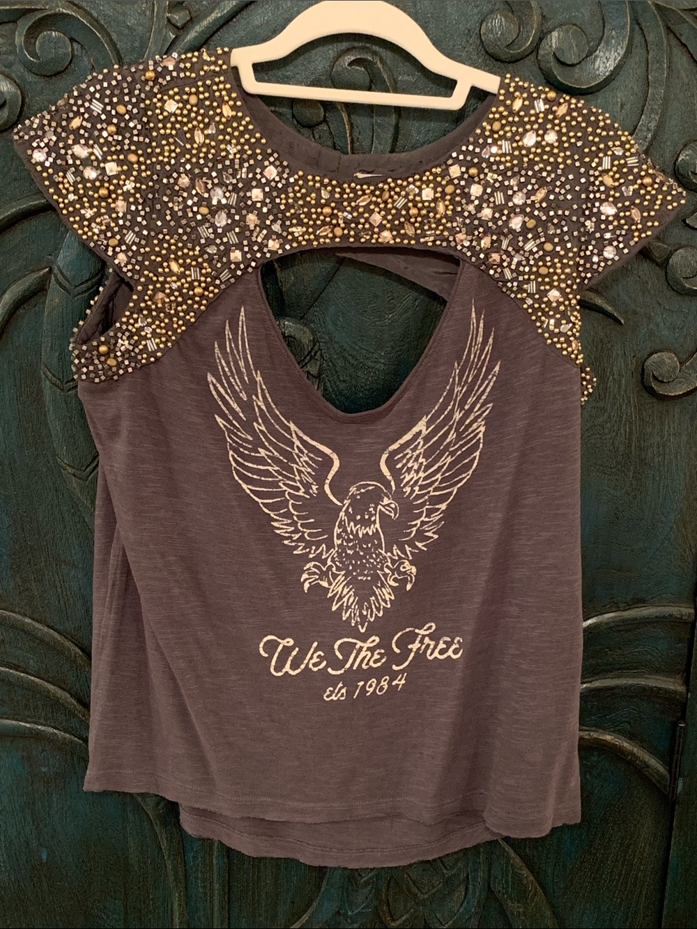 We The Free by Free People Eagle Tee Beaded Shoulders Gray
